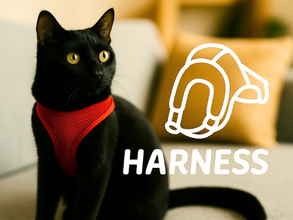 Black cat wearing red mesh harness on sofa – Harness category cover for Weichii pet accessories